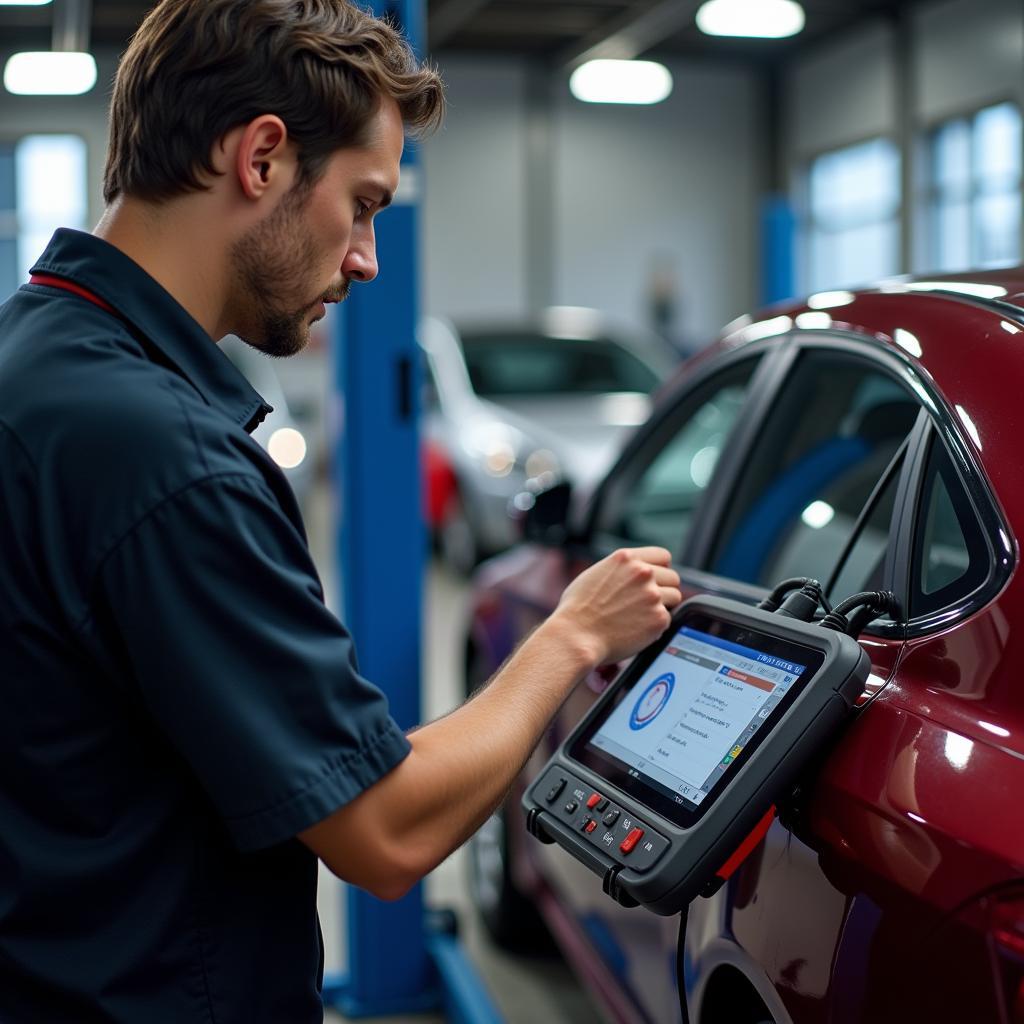 Mechanic Using Diagnostic Scanner on Car