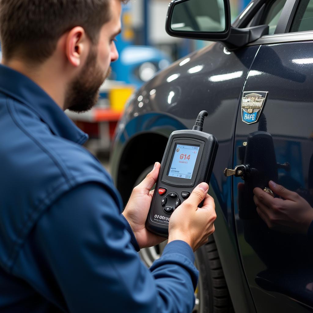 Mechanic using a diagnostic scanner on a car