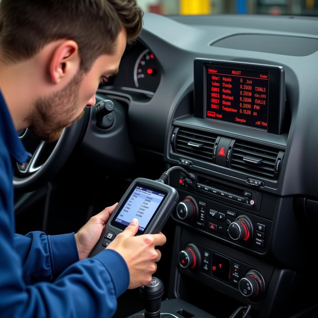 Mechanic Using Diagnostic Scanner on Audi S3