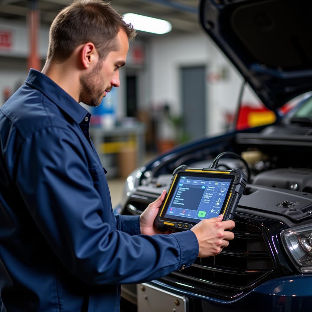 Mechanic Utilizing a Diagnostic Scanner on a Vehicle