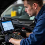 Mechanic diagnosing a vehicle with a scan tool