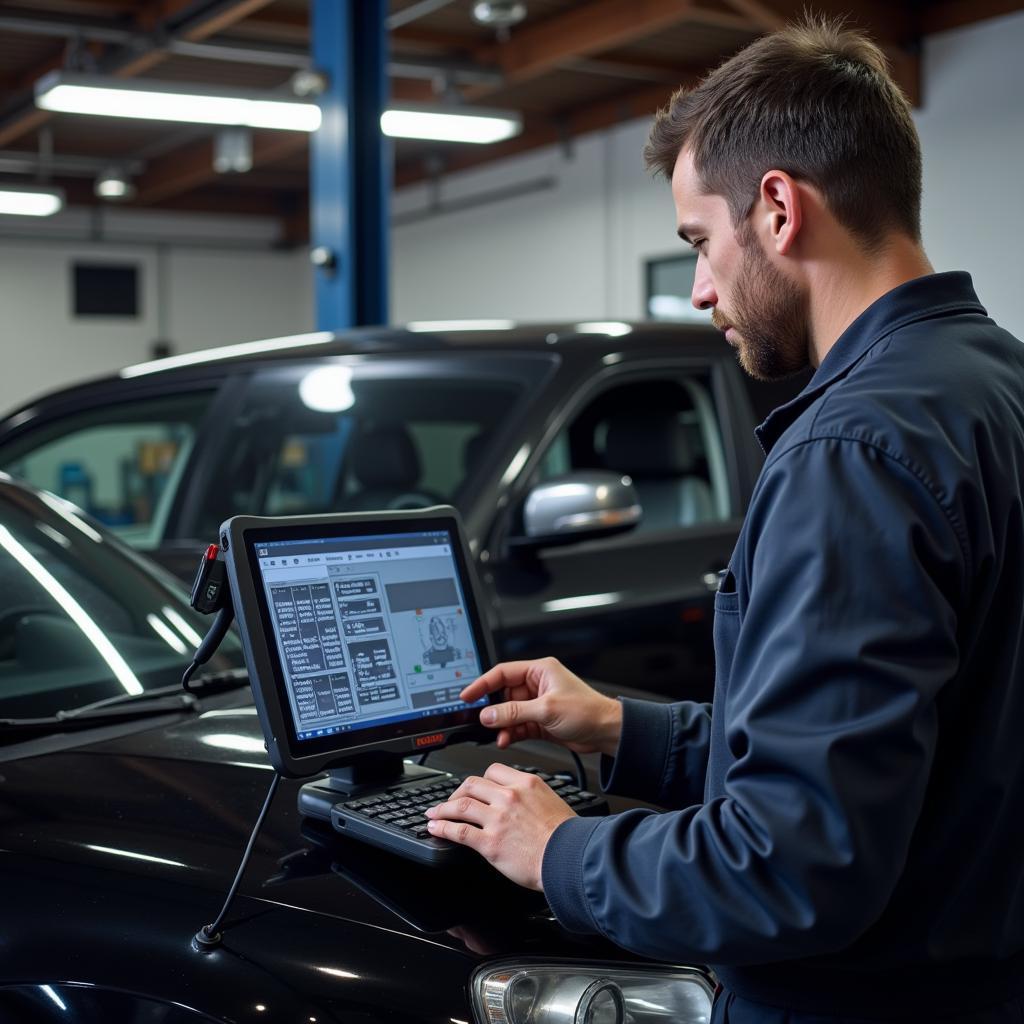 Mechanic Using a Diagnostic Scanner on a Car