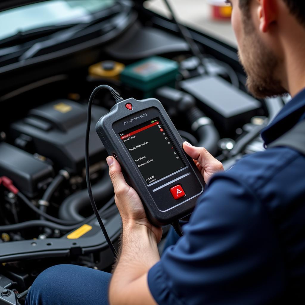 Mechanic Diagnosing Car with Scanner