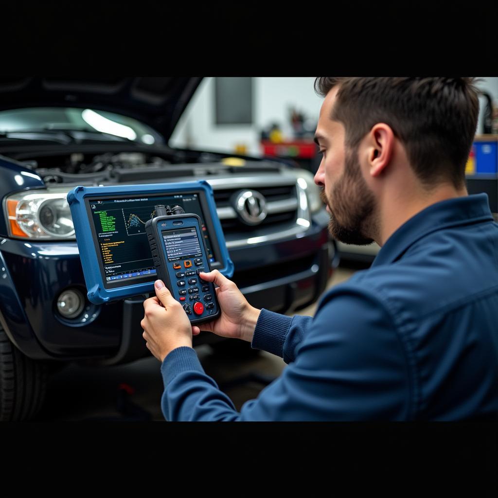 Mechanic Diagnosing Car with Scanner