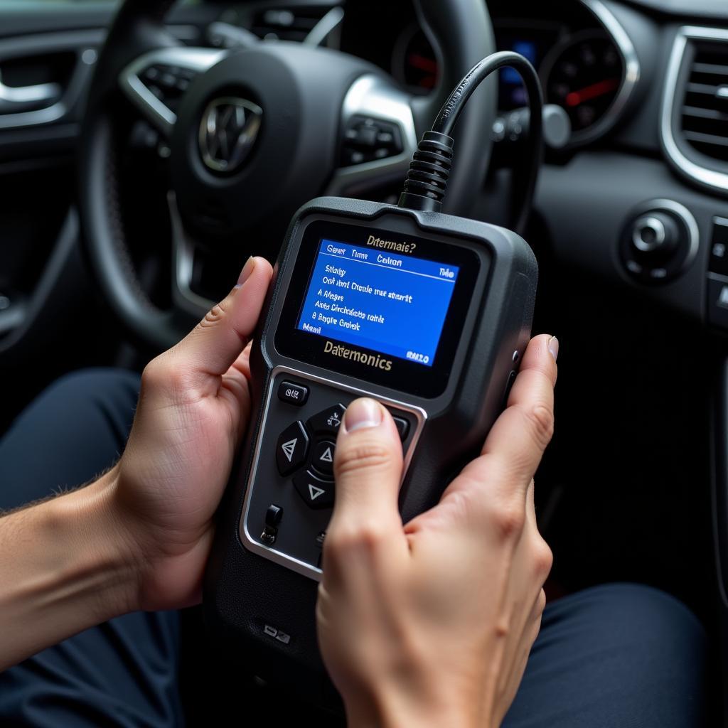 Mechanic performing pro car diagnostics with a scanner