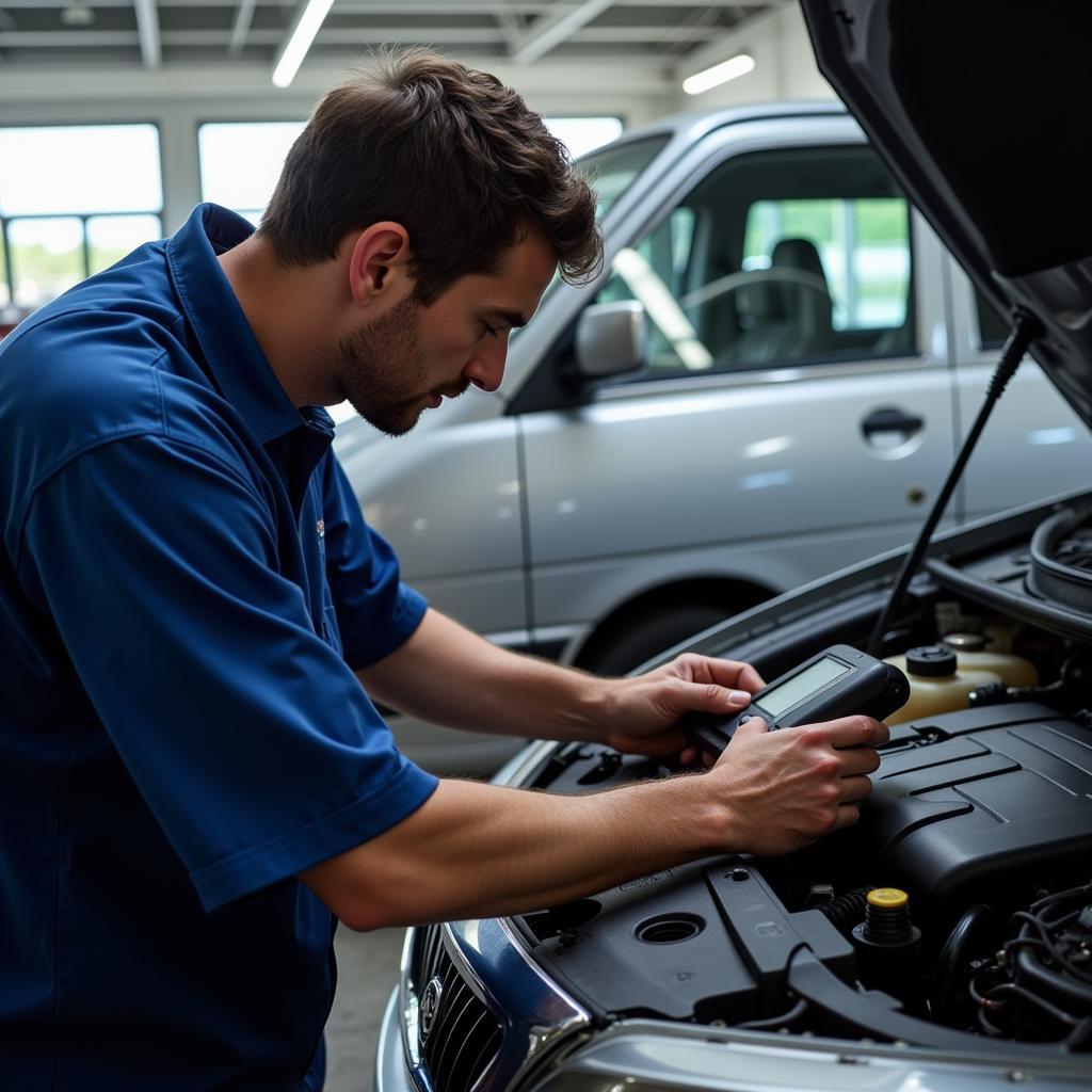 Mechanic using a diagnostic scanner on a car's computer system