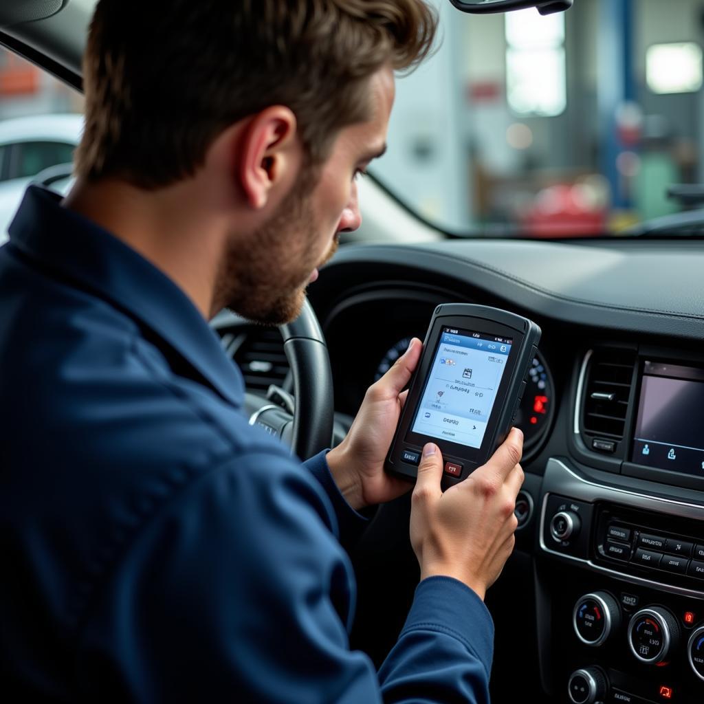 Mechanic using diagnostic scanner on a car in Bingley