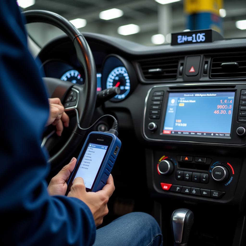 Mechanic Using a Diagnostic Scanner to Regenerate DPF