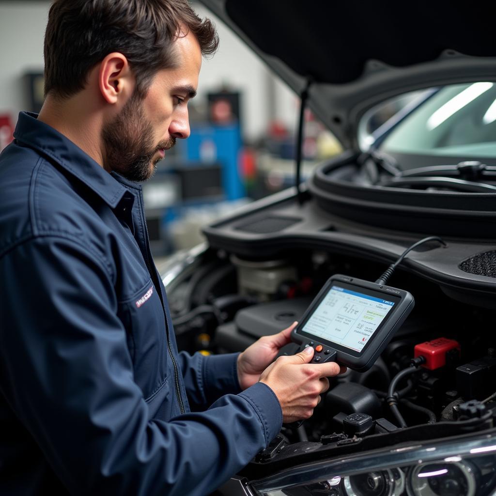 Mechanic Using Diagnostic Scanner on Car