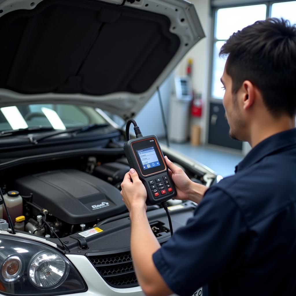 Mechanic Using a Diagnostic Scanner on a Japanese Car