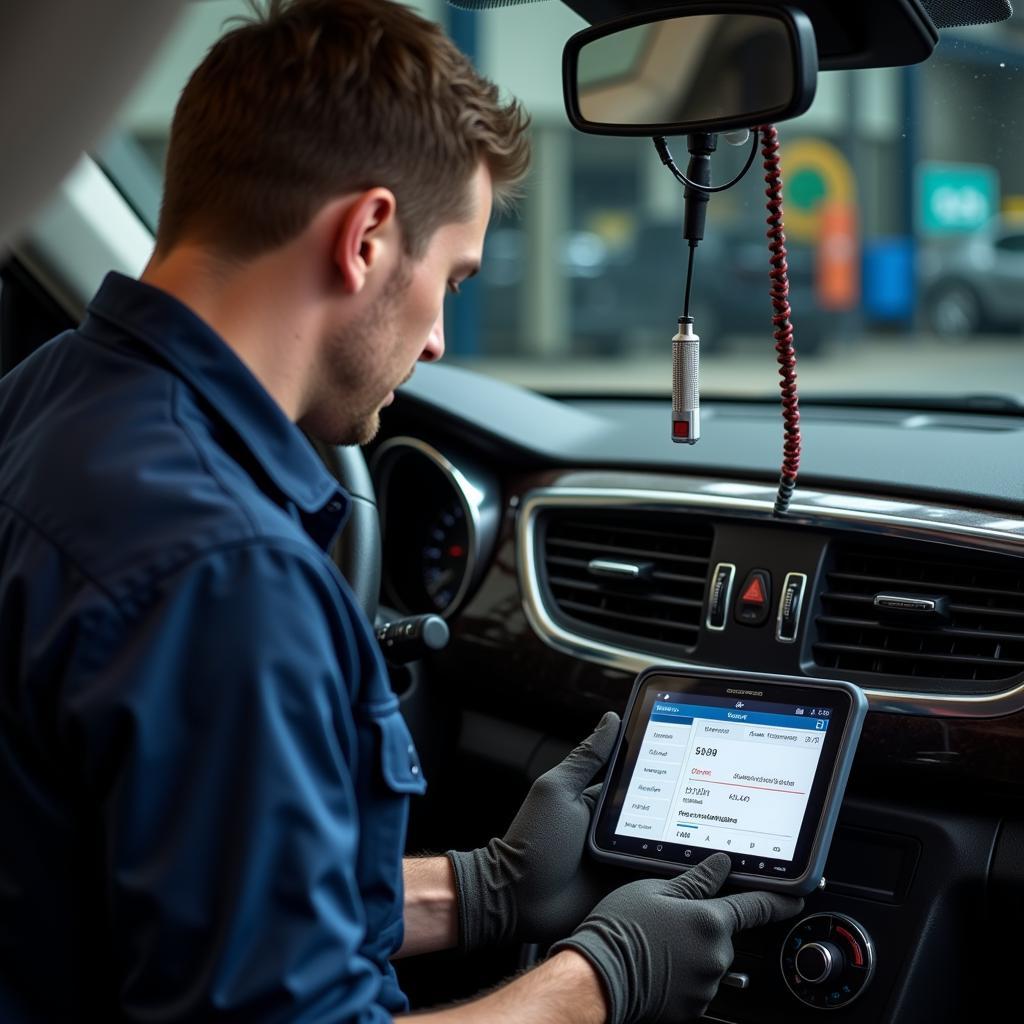 Mechanic Diagnosing Chrysler Ypsilon with Scanner