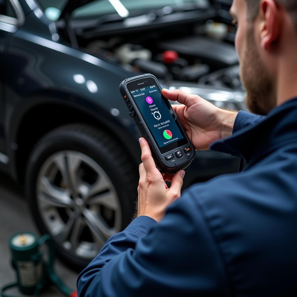 A mechanic in Eastbourne using a diagnostic scanner