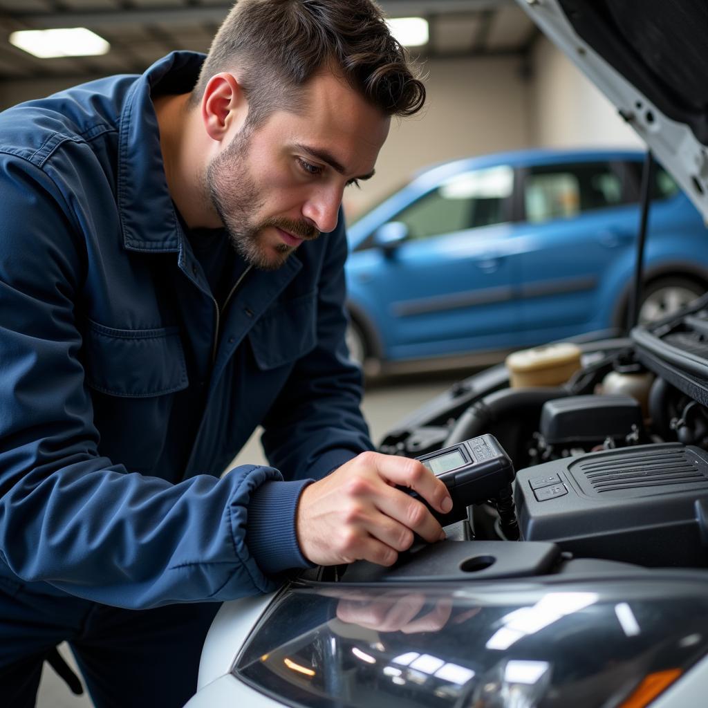 Mechanic using Diagnostic Scanner in Edinburgh Garage