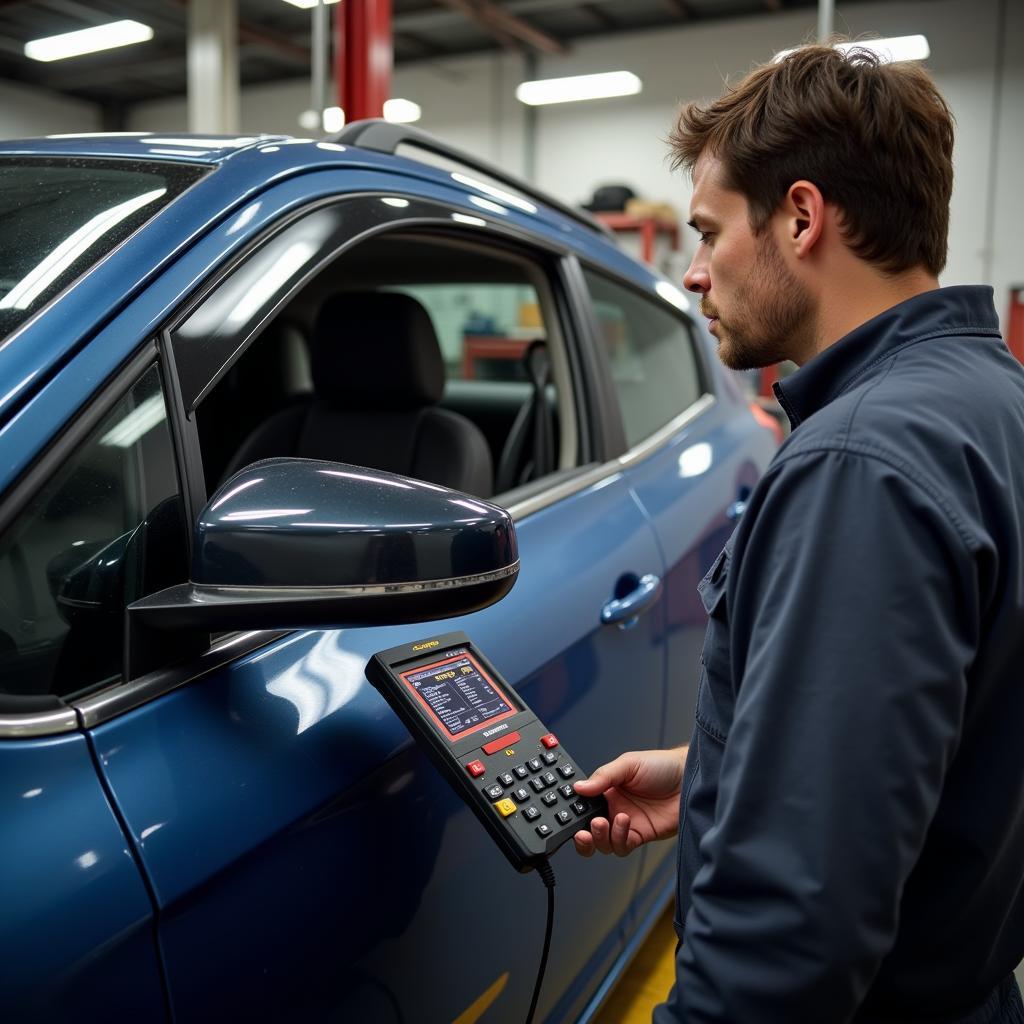 Mechanic using a diagnostic scanner to diagnose a car problem