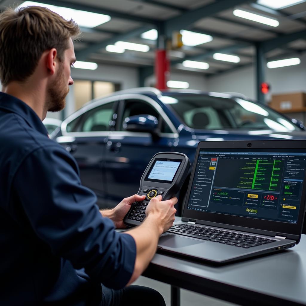 Mechanic Using Diagnostic Scanner in Workshop