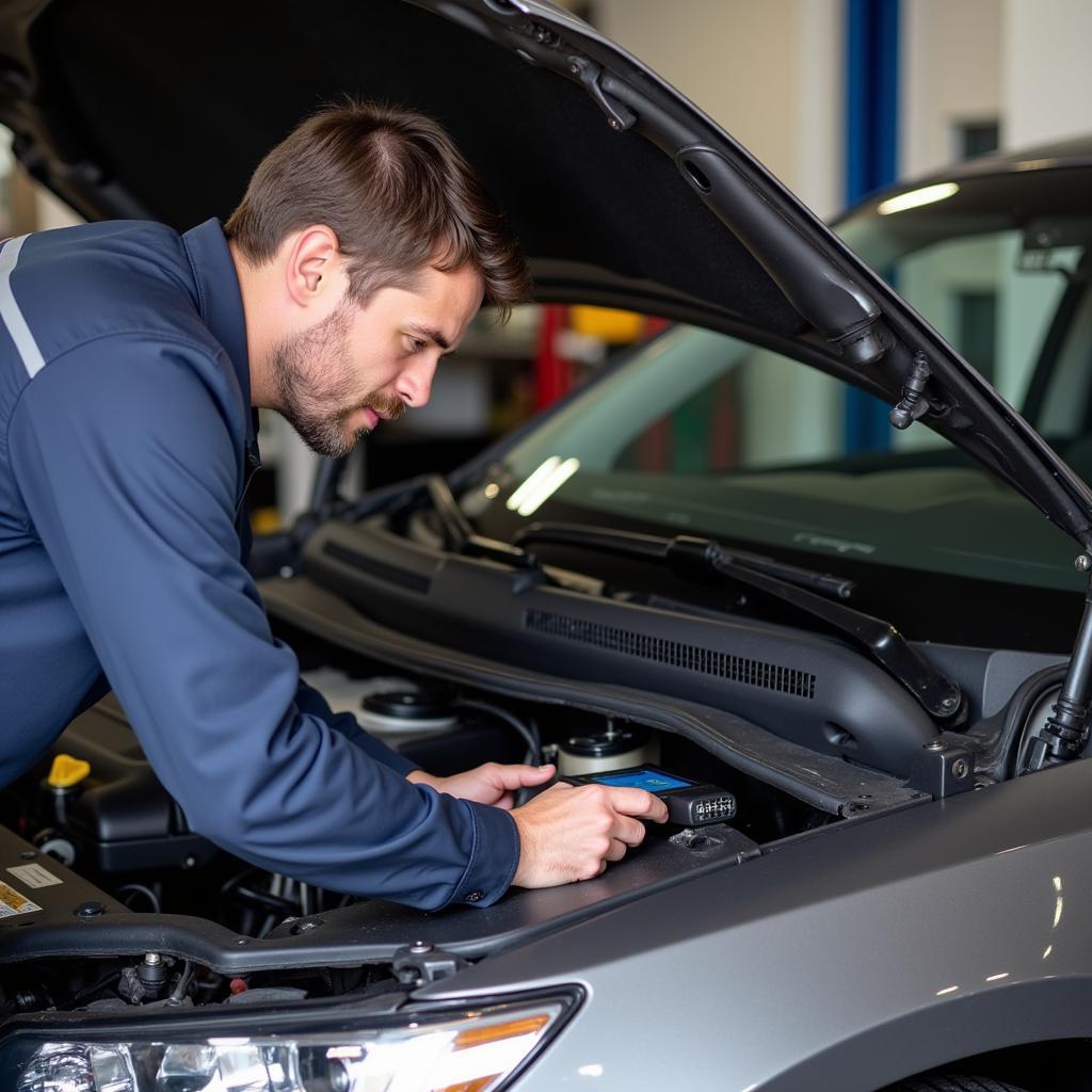 Mechanic plugging a car diagnostic scanner into a car's OBD-II port