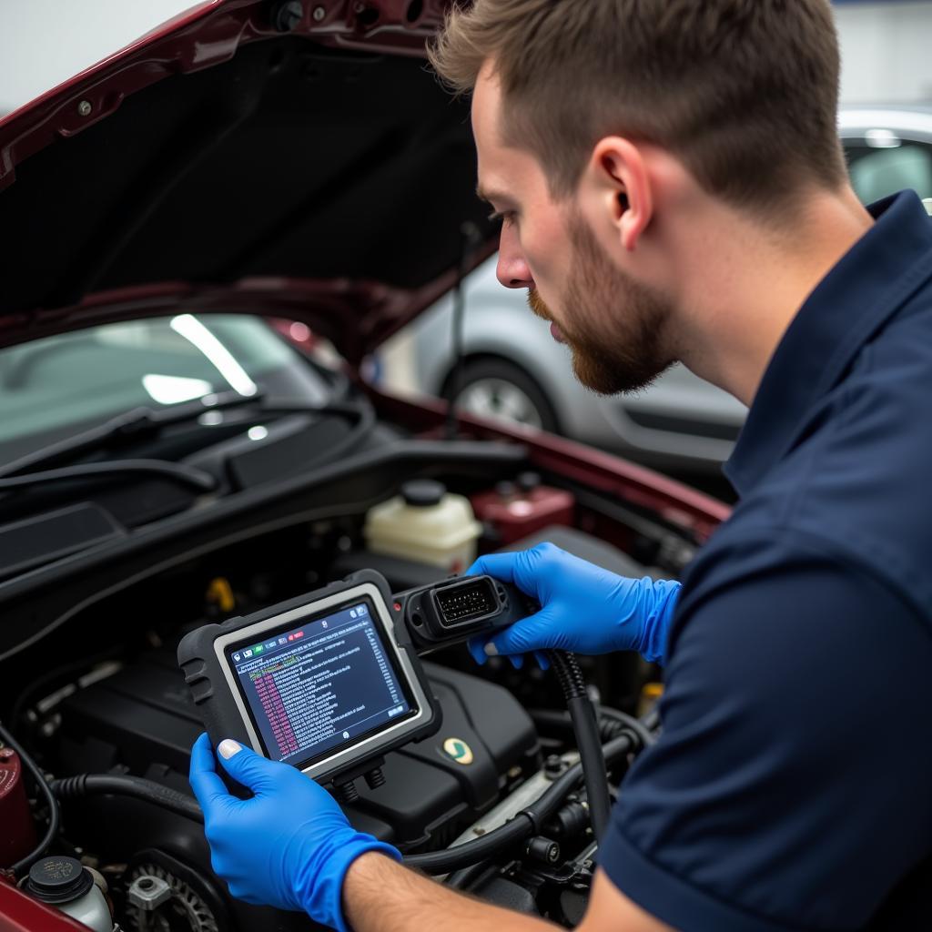 Mechanic Using Diagnostic Scanner on Car