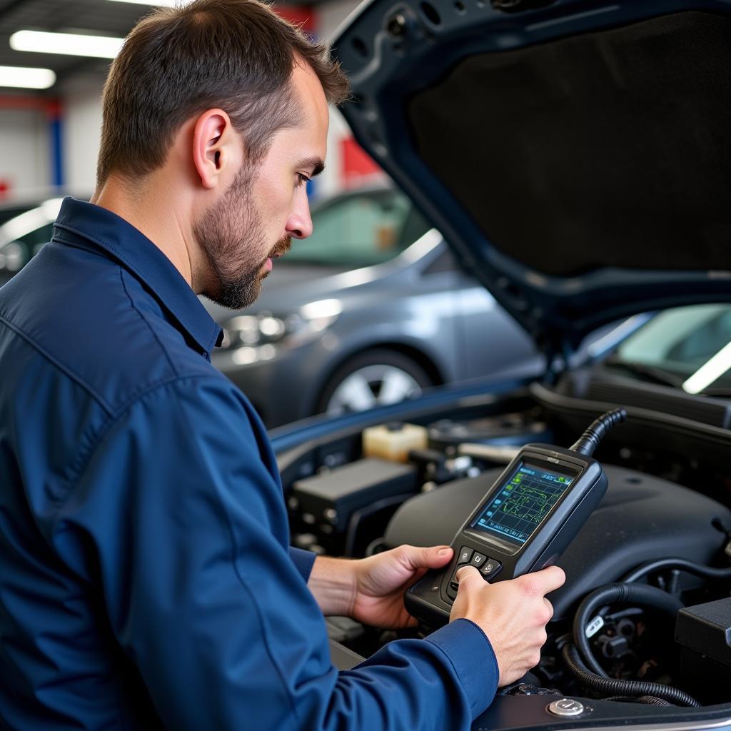 Mechanic Using a Diagnostic Scanner on a Car