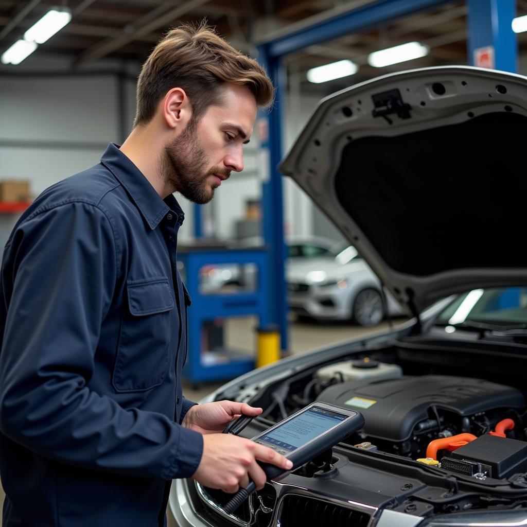 Mechanic Using Diagnostic Scanner On Car