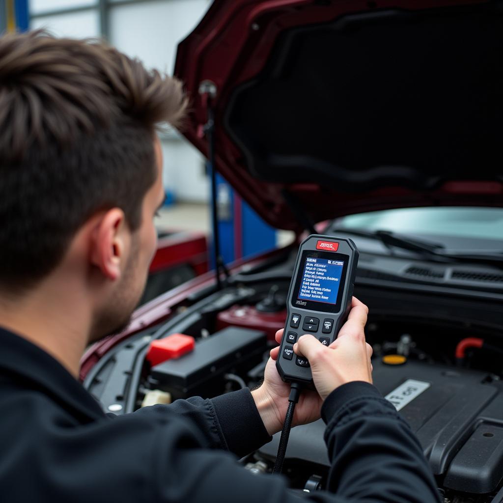 Mechanic Using Diagnostic Scanner on Car