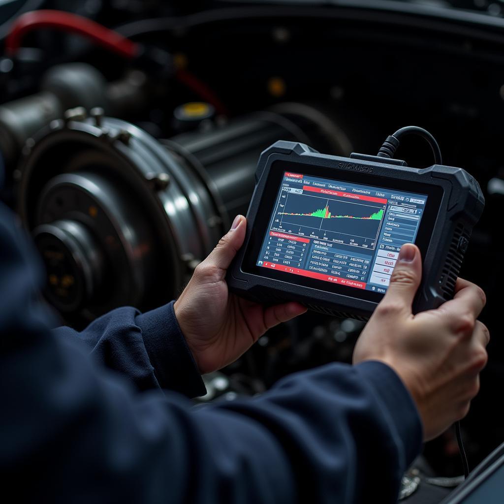 A mechanic utilizes a professional-grade diagnostic scanner to analyze a car's transmission system, highlighting its advanced capabilities.