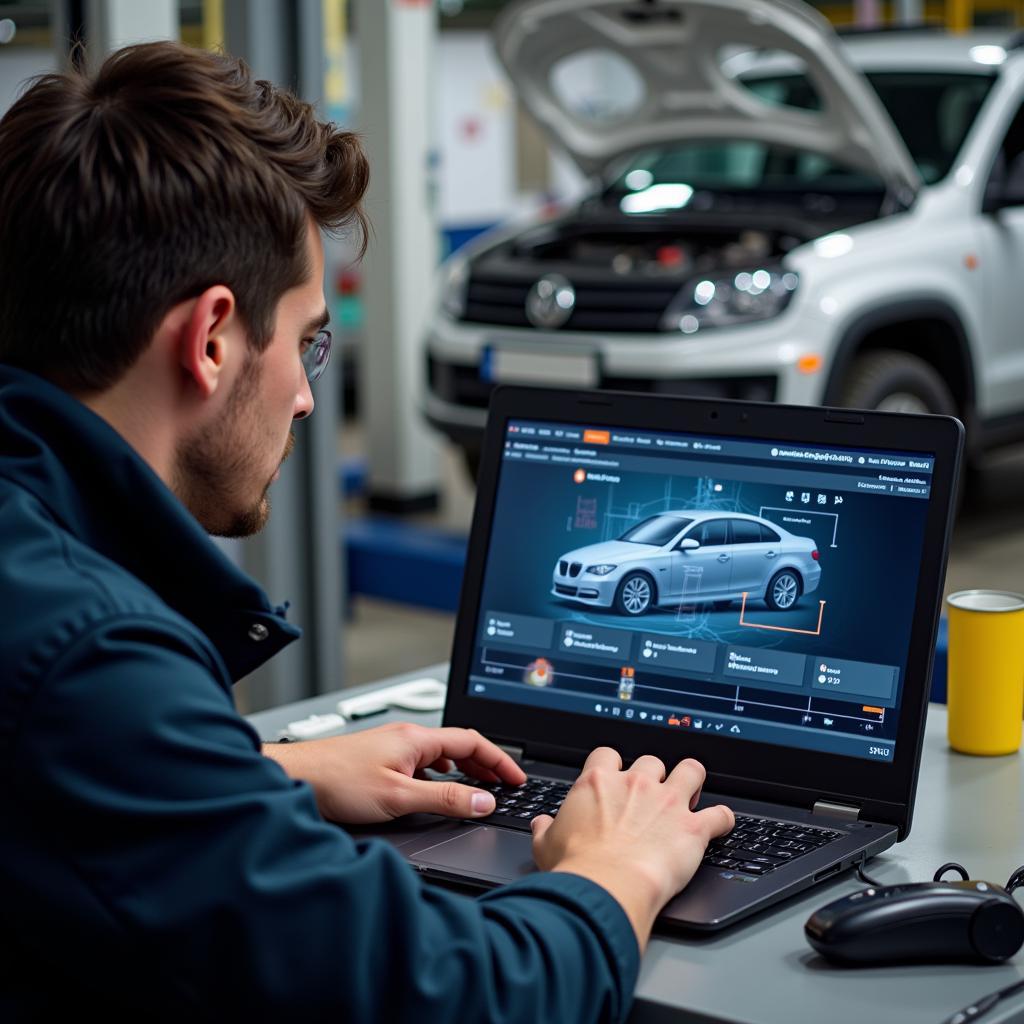 Mechanic using Diagnostic Software on a Laptop