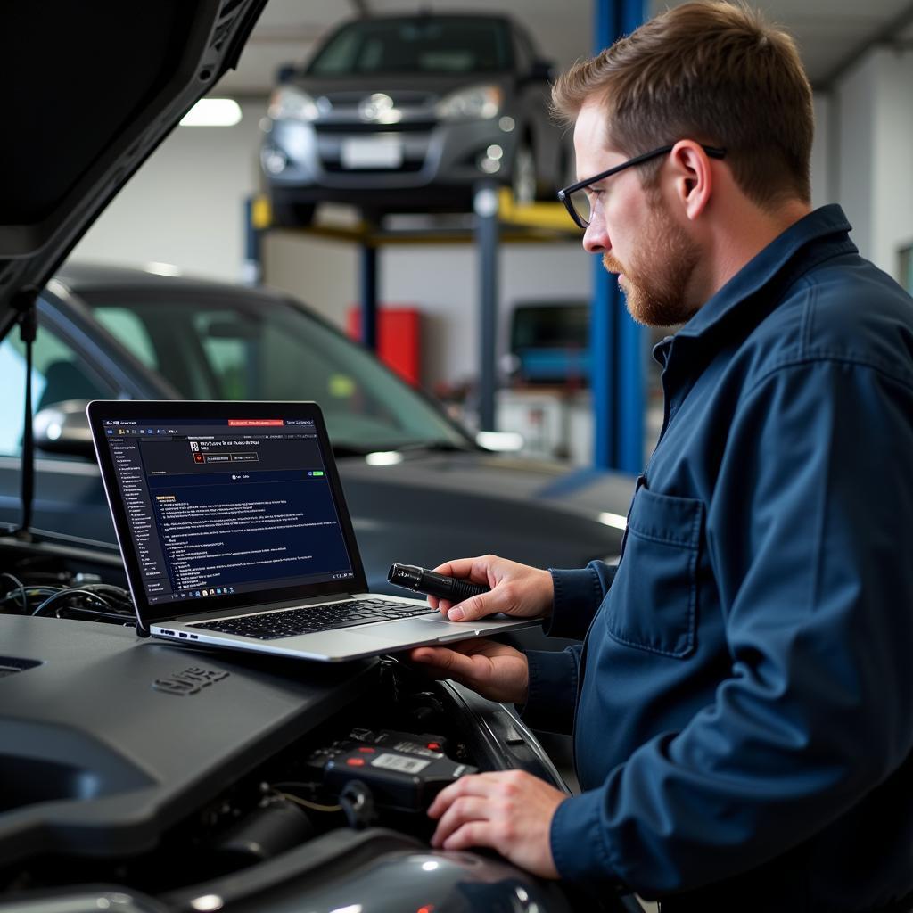 Mechanic Using Diagnostic Software in a Garage