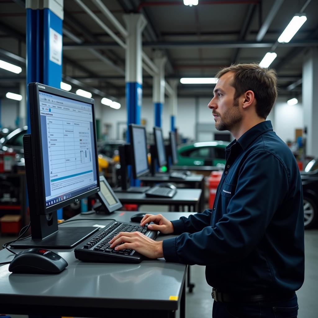 Mechanic Using Diagnostic Software on Toyota Car