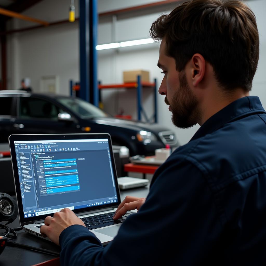 Mechanic Analyzing Diagnostic Software for Engine Information