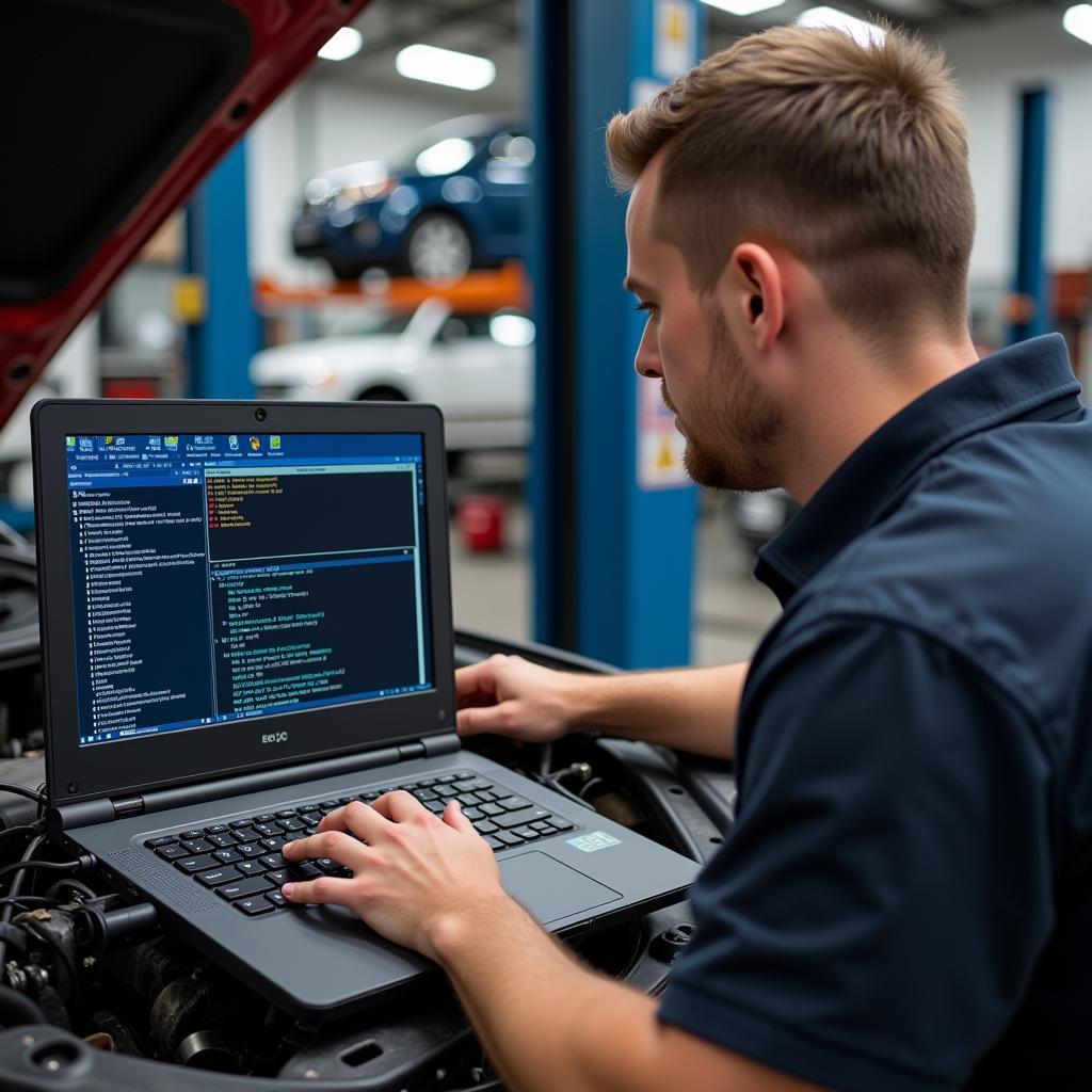 Mechanic Using Diagnostic Laptop and Cable