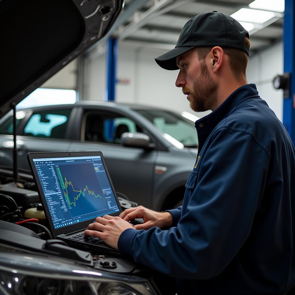 Mechanic Using Diagnostic Software on Laptop