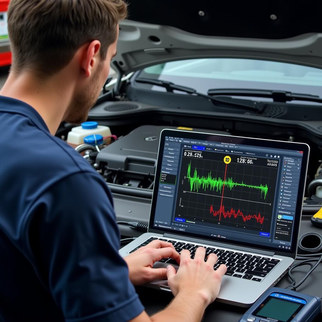 Mechanic Analyzing Diagnostic Data on a Laptop