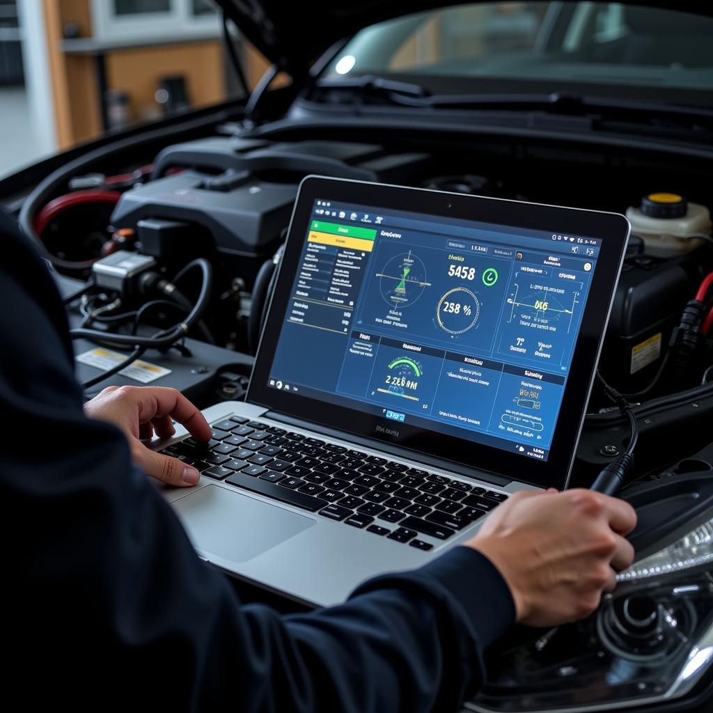 Mechanic using diagnostic software on a laptop