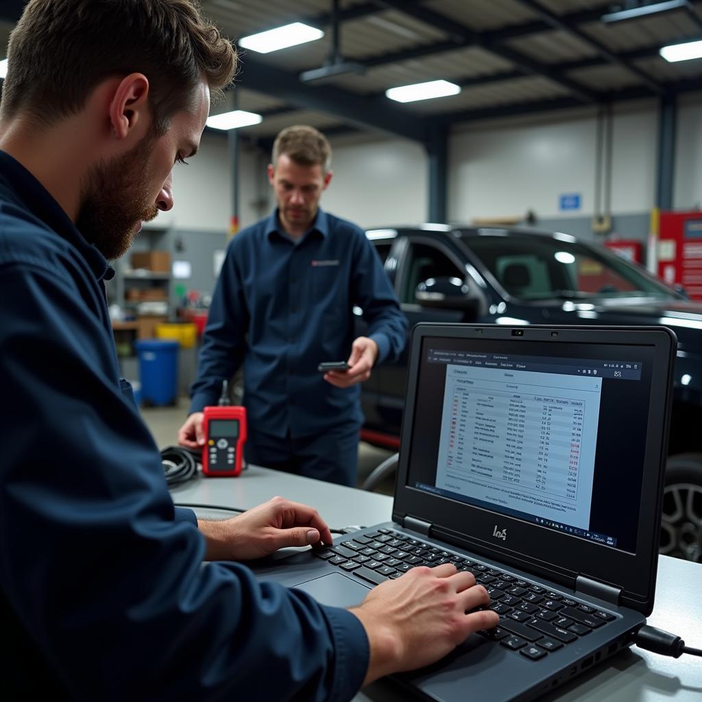 Mechanic Using Diagnostic Software on Car