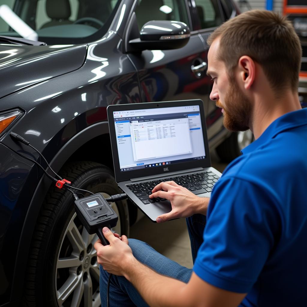 Mechanic using car diagnostic software on a laptop to diagnose a vehicle.