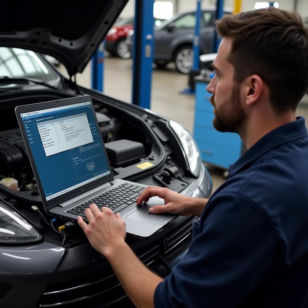 Mechanic using multi-car diagnostic software on a laptop