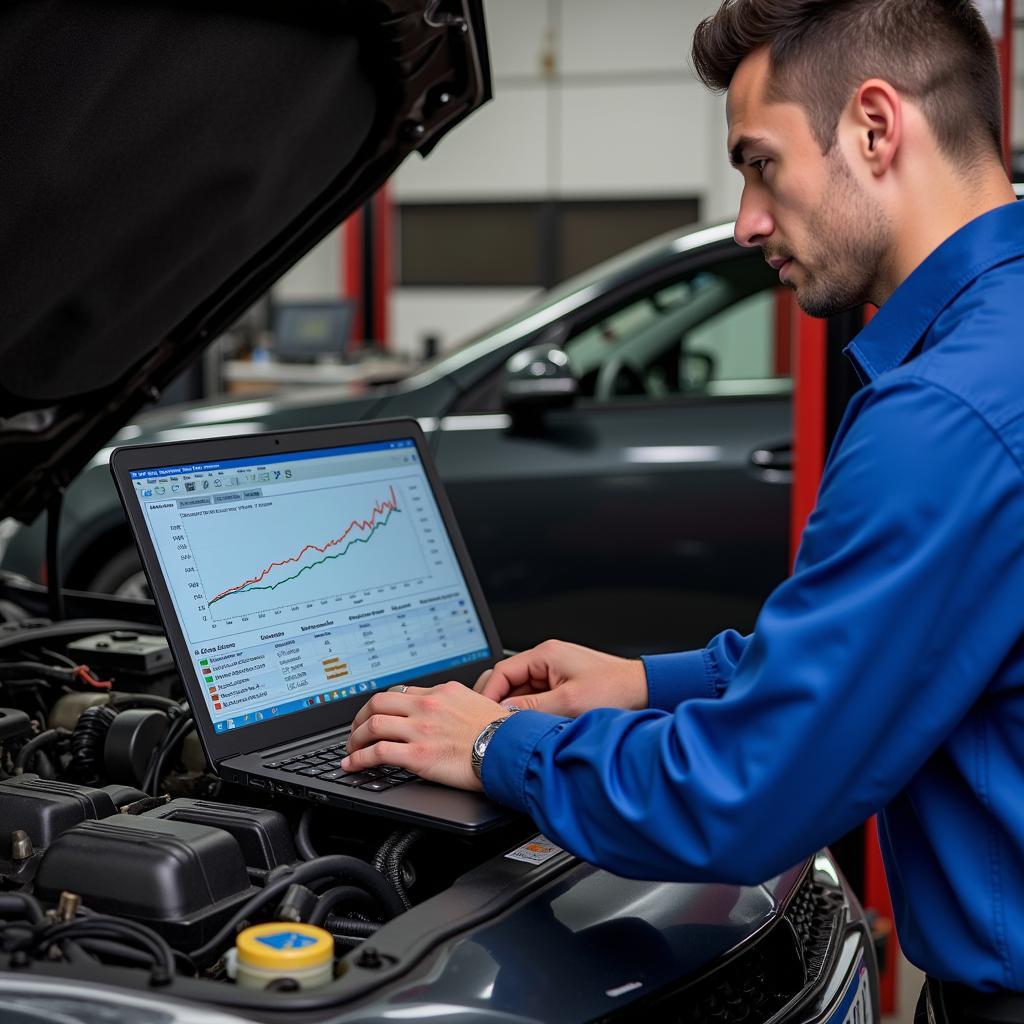 Mechanic Using Diagnostic Software on Laptop