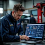 Mechanic analyzing car data on laptop with diagnostic software