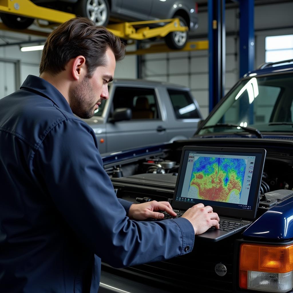 Mechanic Using Diagnostic Software on Range Rover P38