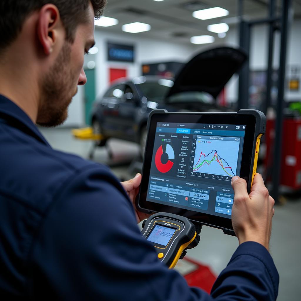 Mechanic using a professional car diagnostic tool with tablet connectivity.