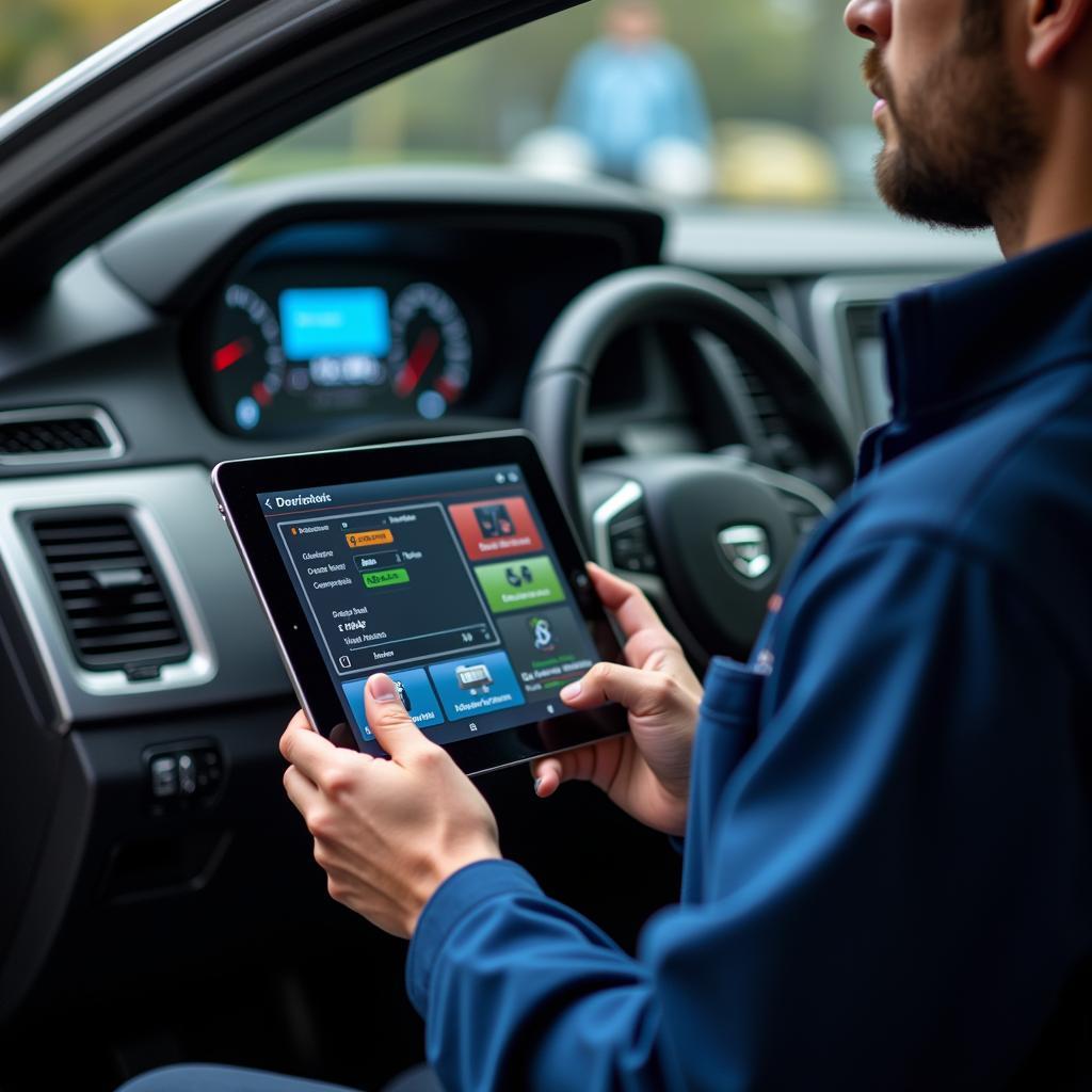 Mechanic diagnosing car problems with a tablet