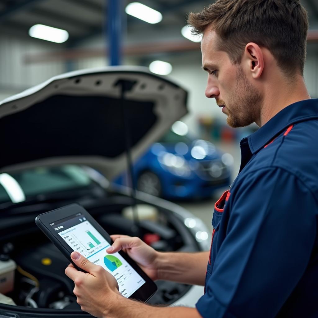 Mechanic Using Diagnostic Tablet