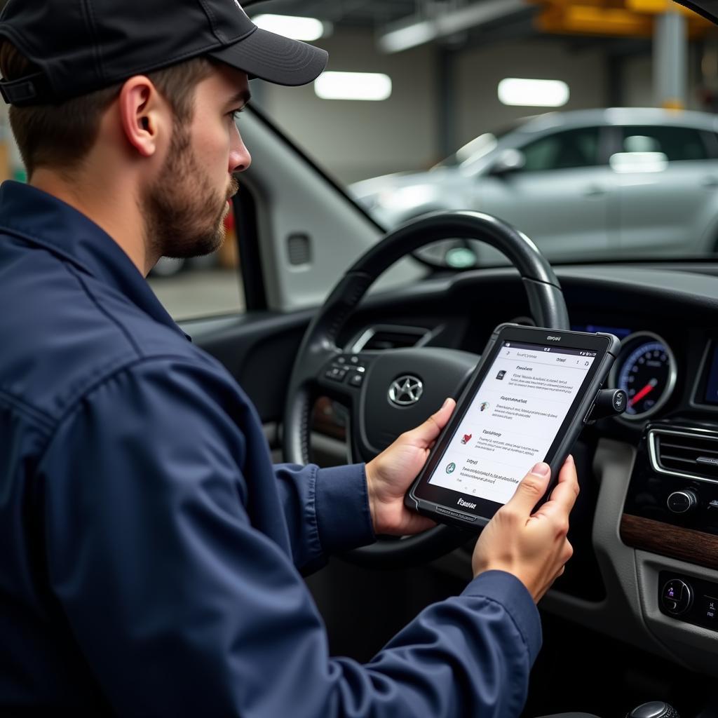 Mechanic using a Diagnostic Tablet