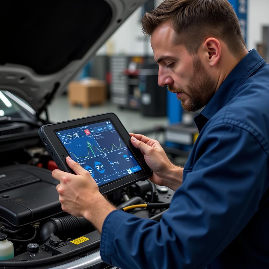 Mechanic Using Diagnostic Tablet