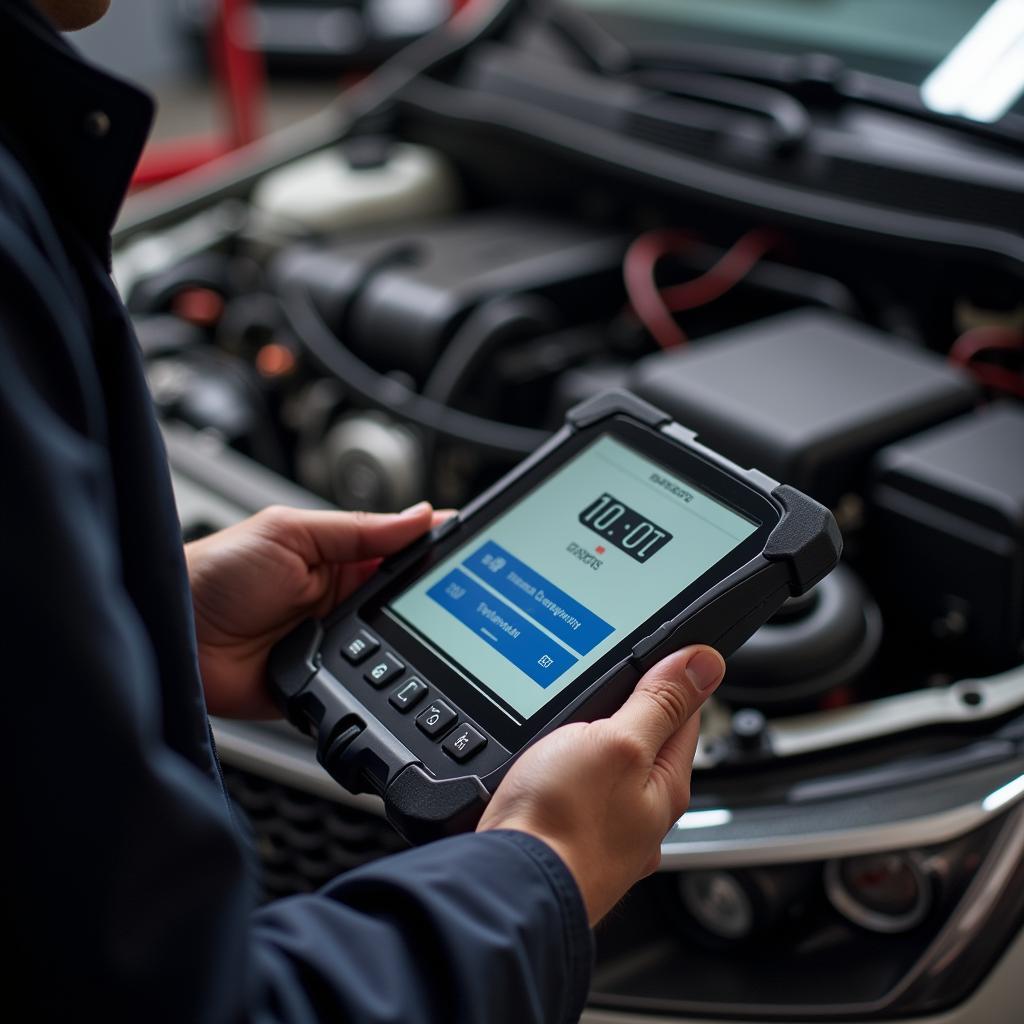 Mechanic using Diagnostic Tablet