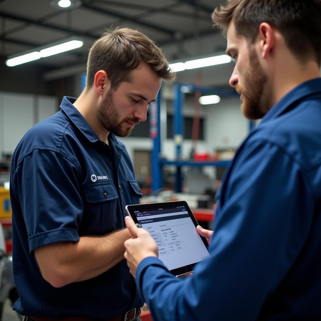 Mechanic using a tablet with diagnostic software