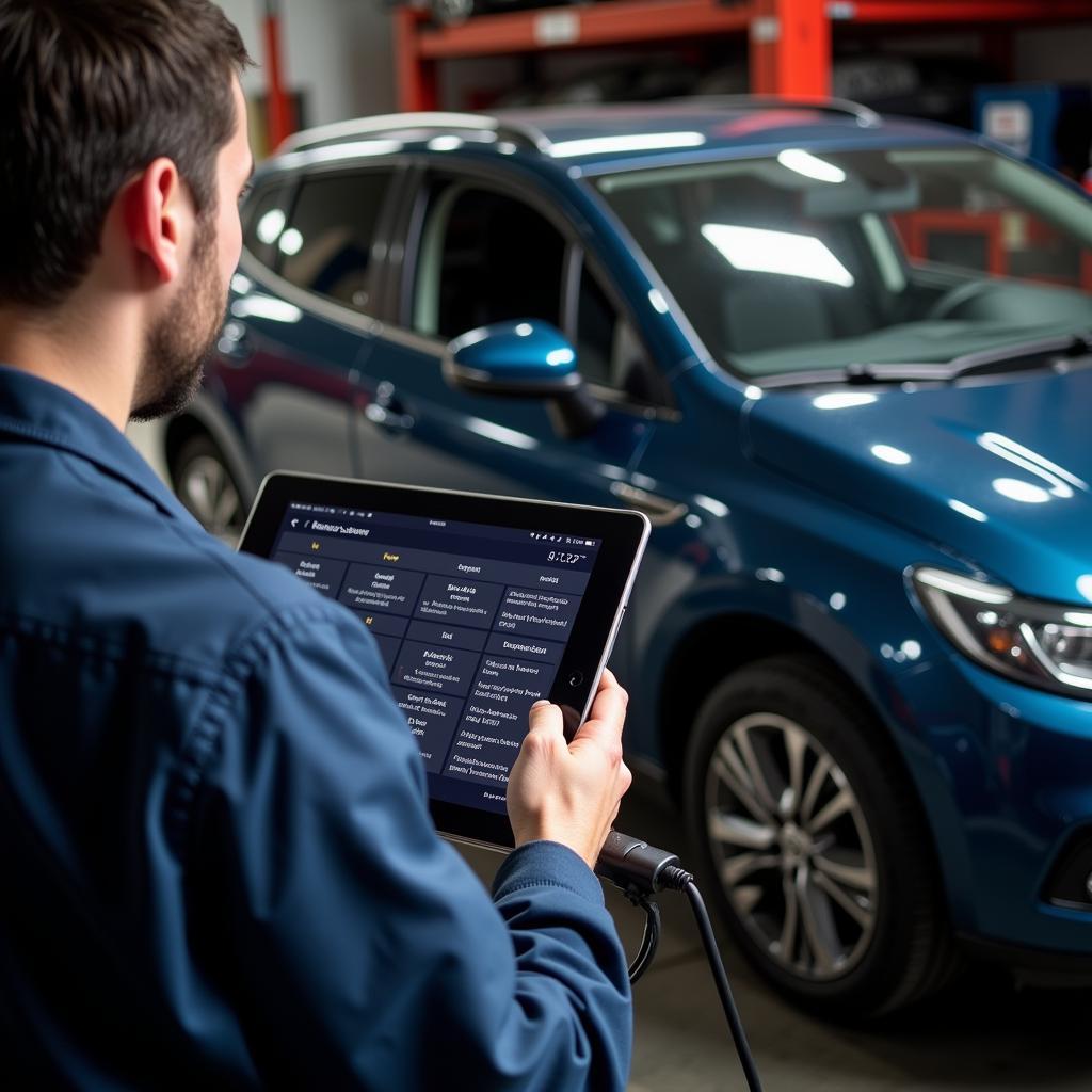 Mechanic Using Diagnostic Tablet