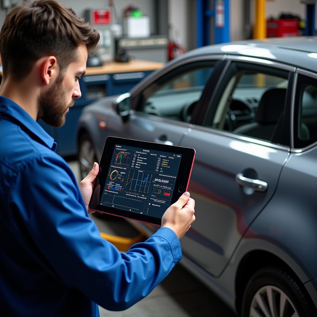 Mechanic Analyzing Diagnostic Data on a Tablet