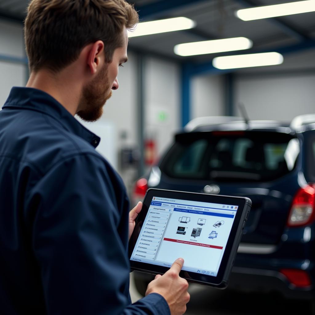 Mechanic Using Diagnostic Software on a Tablet