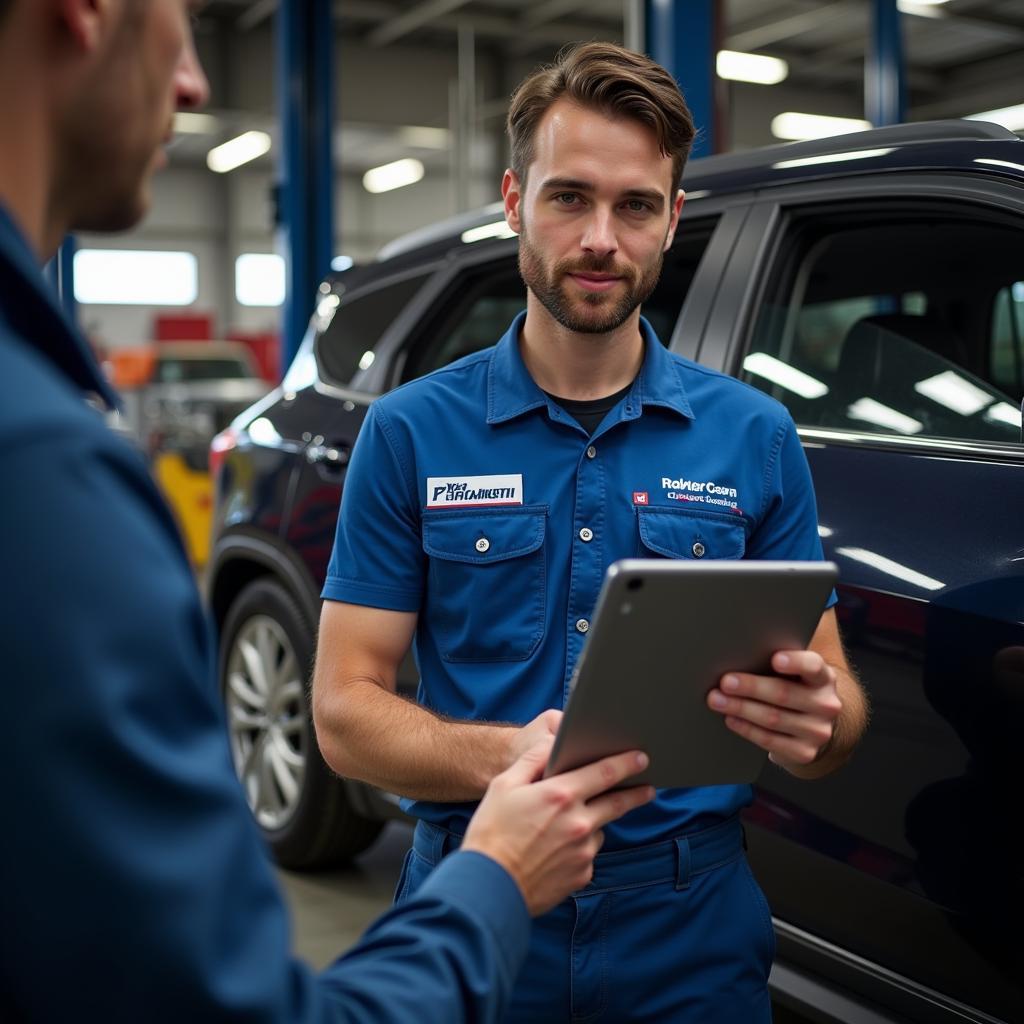 Mechanic Using Diagnostic Tablet on Car